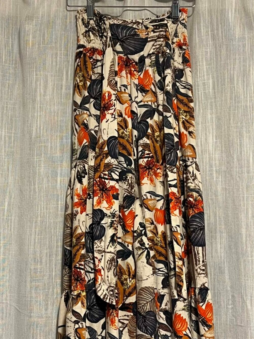 Floral Wide Leg Pants Smocked Waist Bow Linen Blend Size X/S